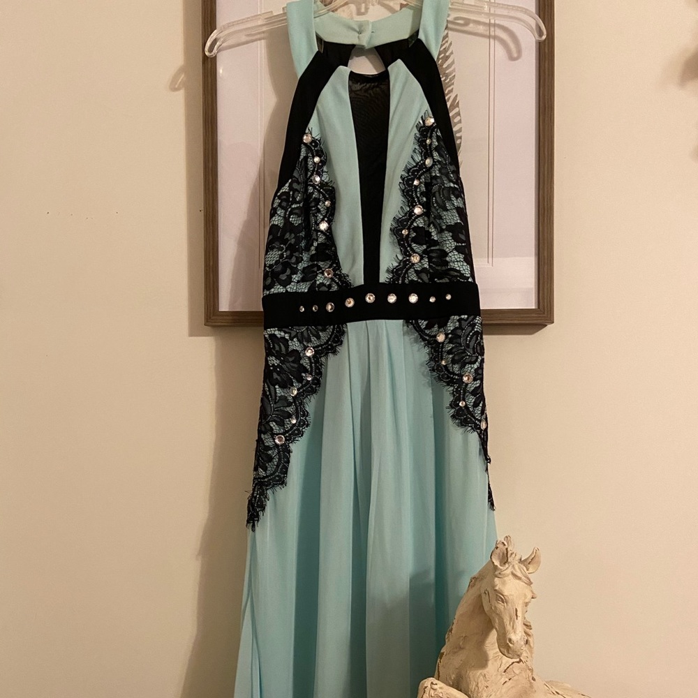 Teal High-neck Lace Dress with Open Back